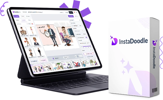 InstaDoodle drag-and-drop editor with doodle characters in the element library