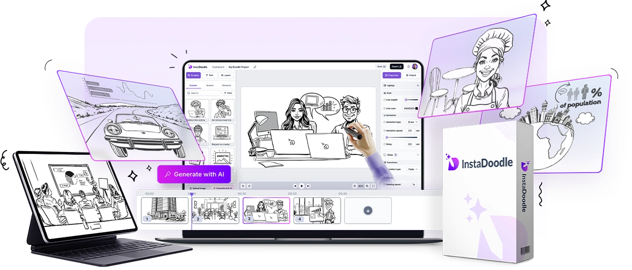 InstaDoodle AI whiteboard video editor shown on a laptop and tablet next to the product box